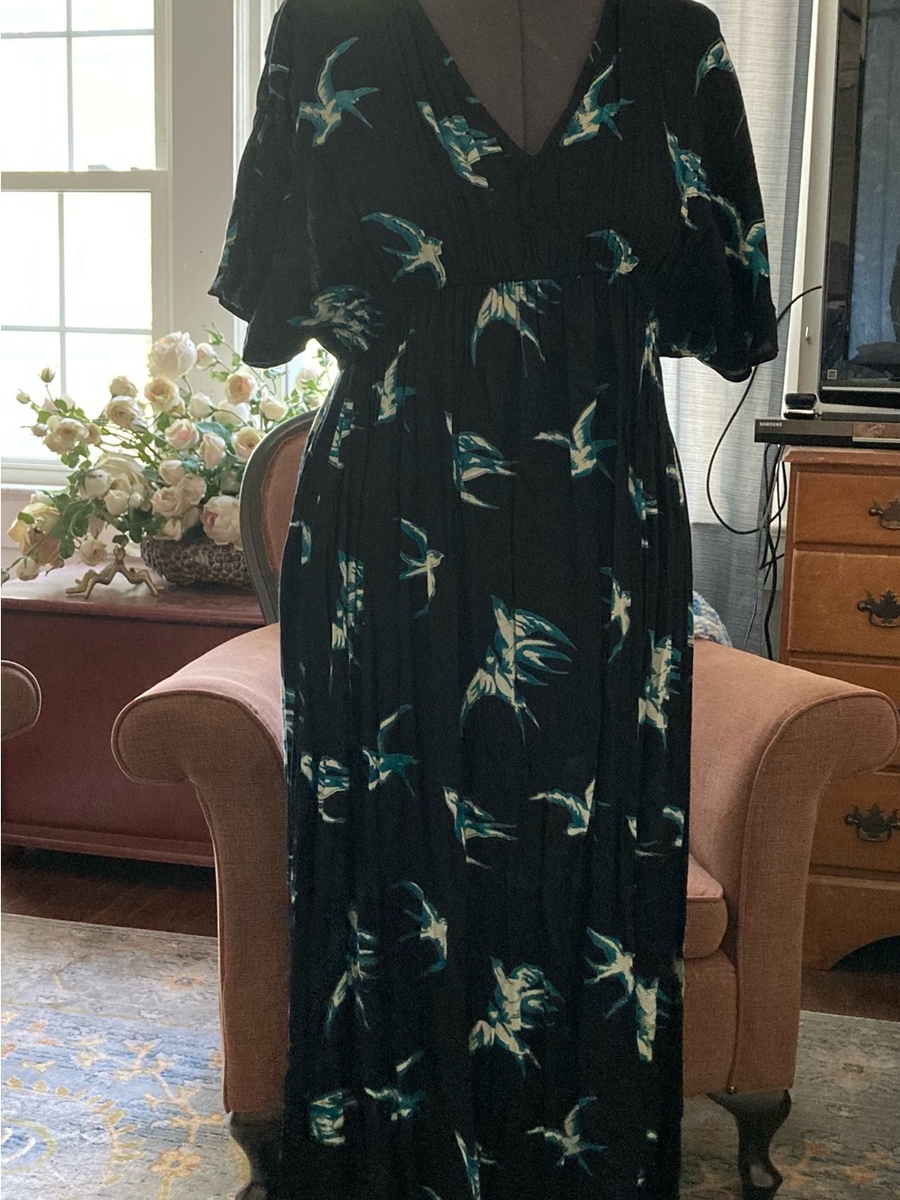 Cost Plus World Market Black Maxi Dress with Teal and Cream Bird Print